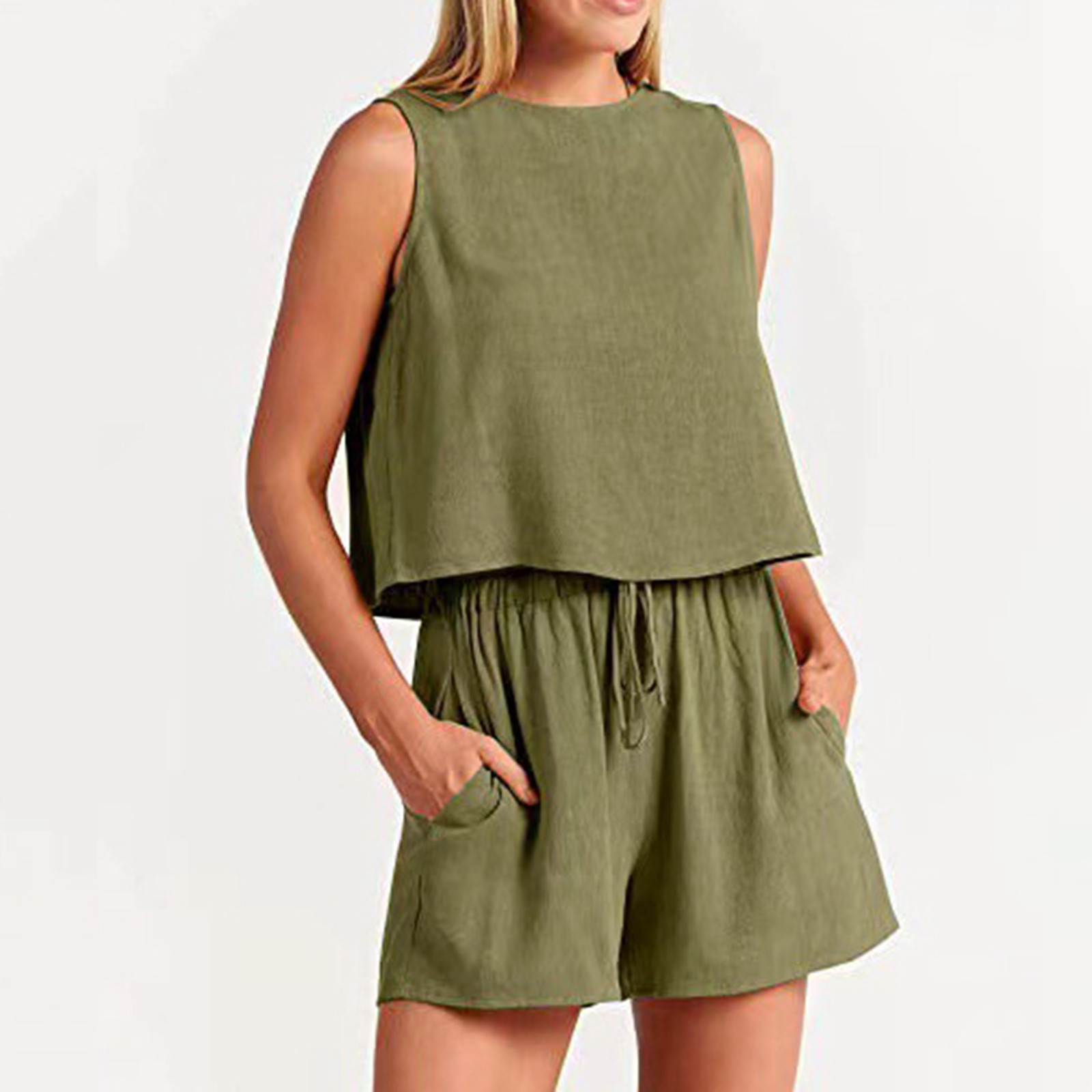 thumbnail image 2 of Conjunto de pantalones cortos sin mangas de cintura alta para mujer: ajuste holgado informal, dos piezas para primavera/verano, estilo versátil para la playa/vacaciones, 2 of 5